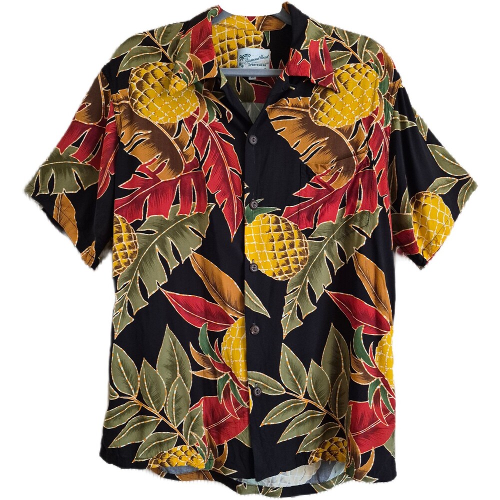 Diamond Head Sportswear Men's Hawaiian Shirt Size Medium Black Pineapple Aloha